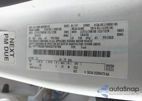 2019 Ford F-250 Xlt z USA, uszkodzony, nr VIN 1FT7W2BT0KED75750